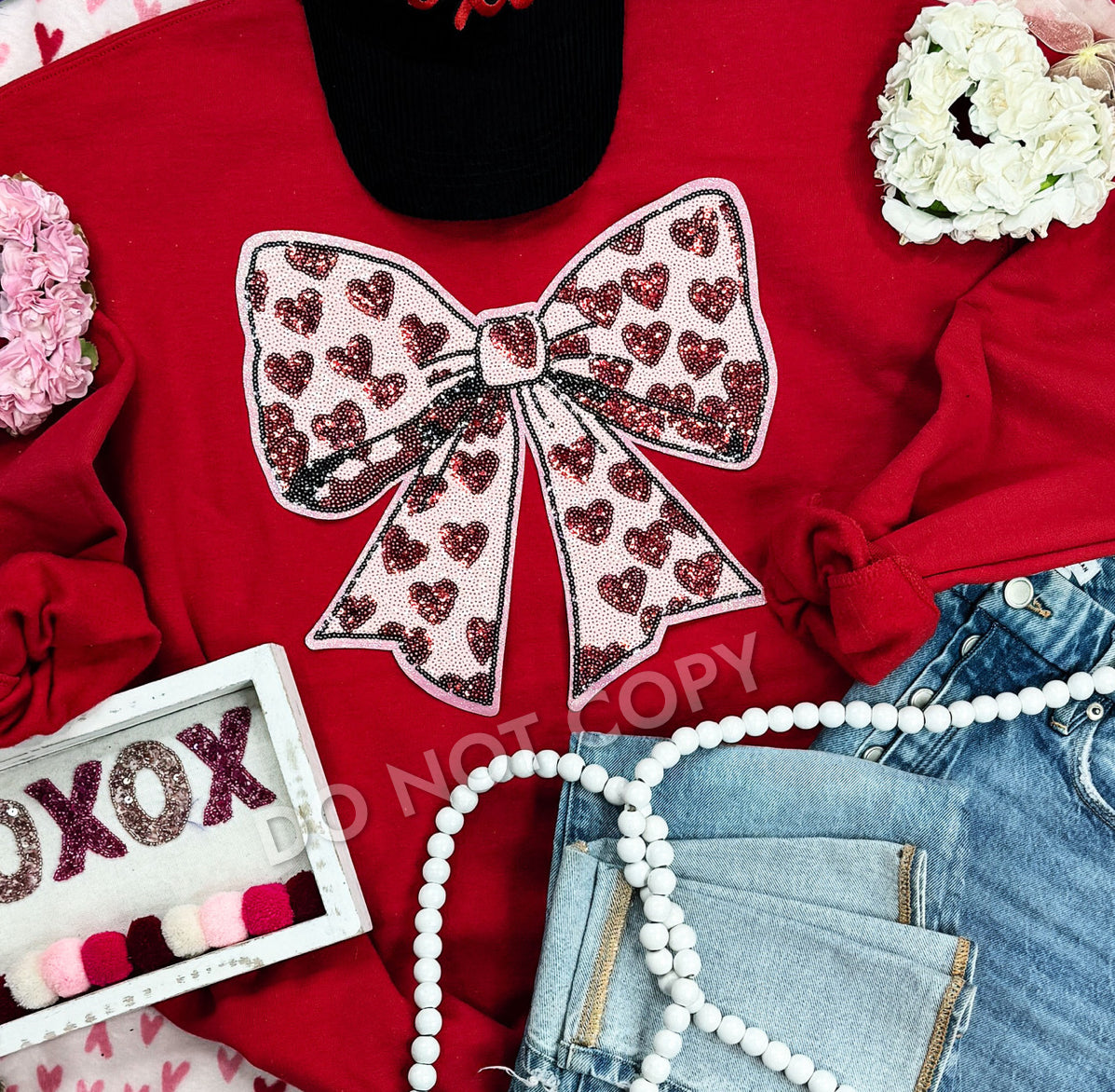 Pink Bow Red Hearts Sequin